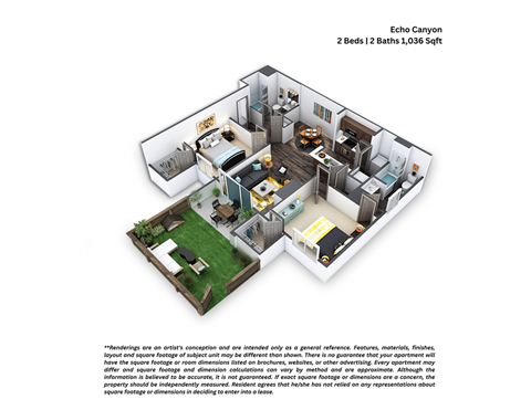 A floor plan of a two bedroom apartment with two bathrooms and a living room.